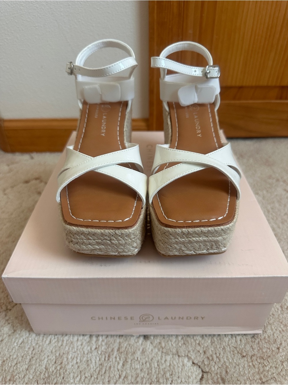 Chinese Laundry White Espadrille Platform Sandals with Ankle Strap